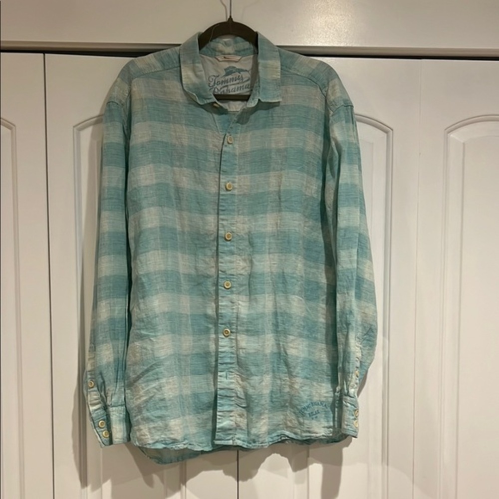 Tommy Bahama linen men’s XL‎ 100% linen Shirts blue plaid